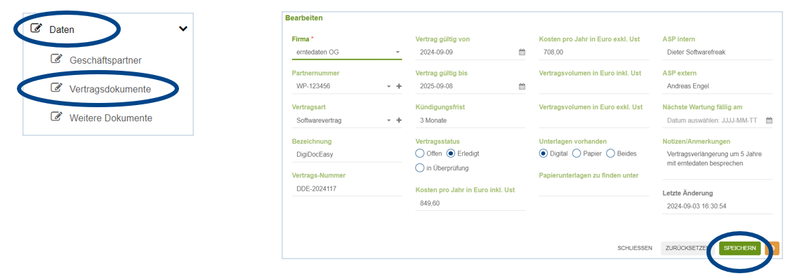 DigiDocEasy Struktur Benutzeroberfläche mit Auswahlmöglichkeiten und einer Übersicht von Datensätzen.